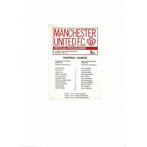 Manchester United v Bolton Wanderers Central League Football Programme 1983/84