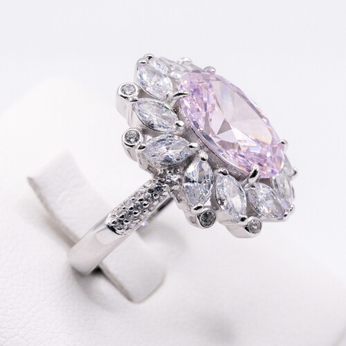 Pink moissanite stone set on rhodium plated 925 sterling silver ring