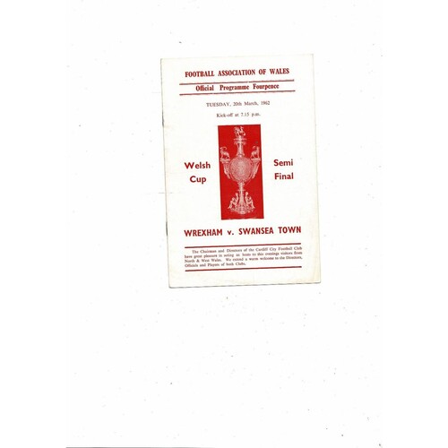 1961/62 Wrexham v Swansea Welsh Cup Semi Final Football Programme