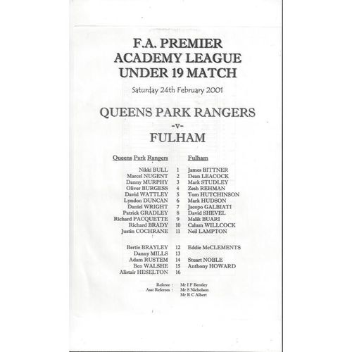 Queens Park Rangers v Fulham U19 League Football Programme 2000/01