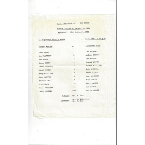 Burton Albion v Leicester City FA Cup Programme 1984/85 + Team Sheet for 16/1/85