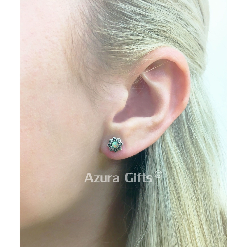 Icy Green Opal Silver Flower Earrings