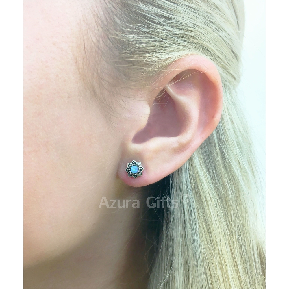 Blue Opal Silver Flower Earrings