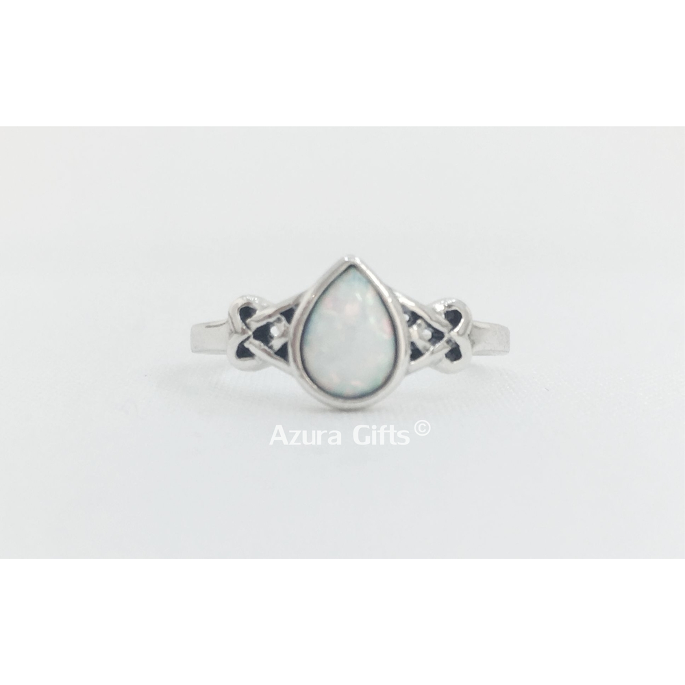 White Opal Silver Teardrop Ring
