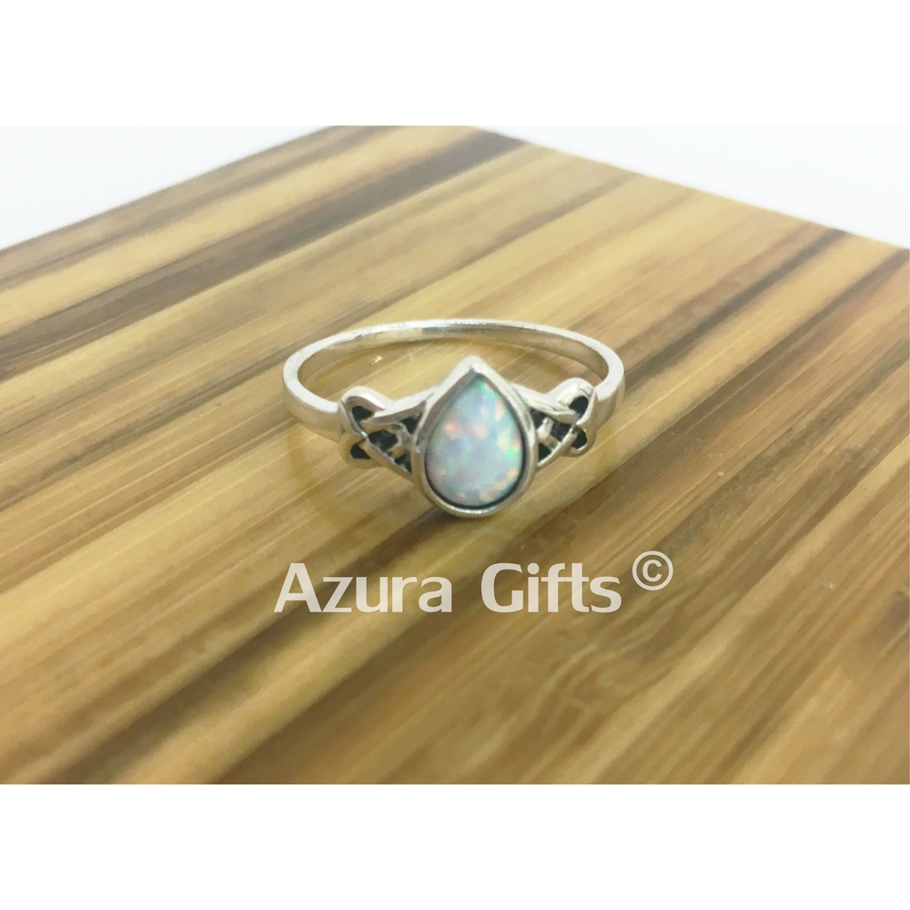 White Opal Silver Teardrop Ring