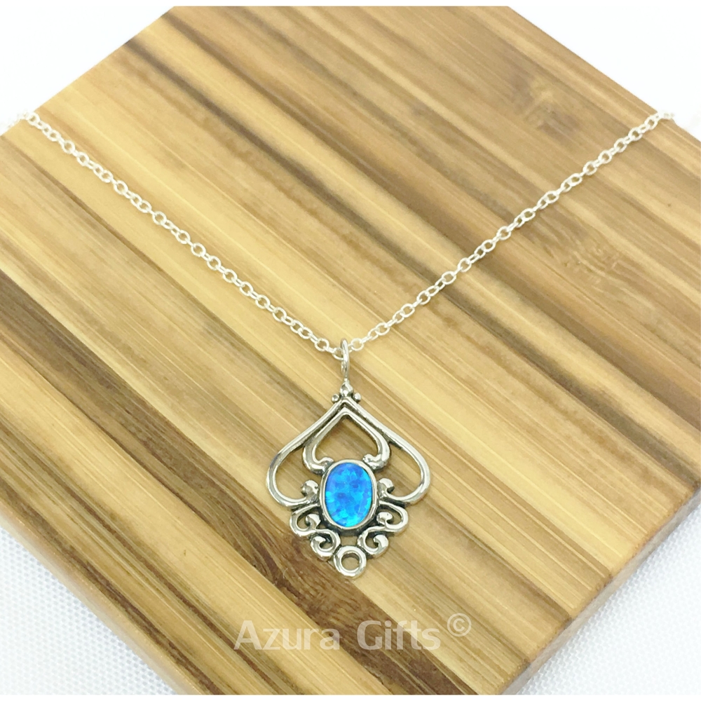 Blue Opal Silver Patterned Earrings & Necklace Set