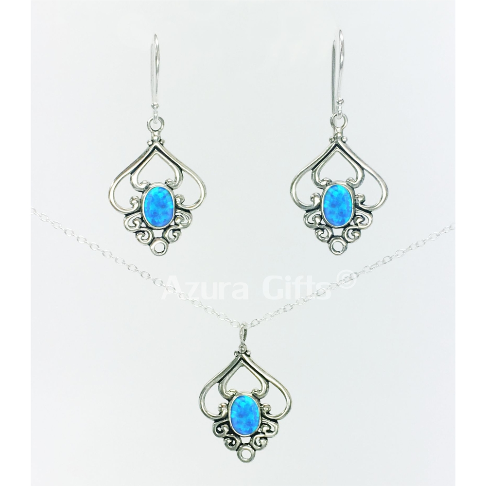 Blue Opal Silver Patterned Earrings & Necklace Set