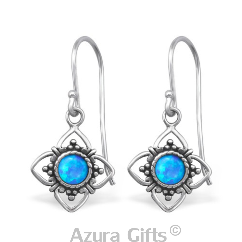 Blue Opal Silver Flower Earrings & Necklace Set