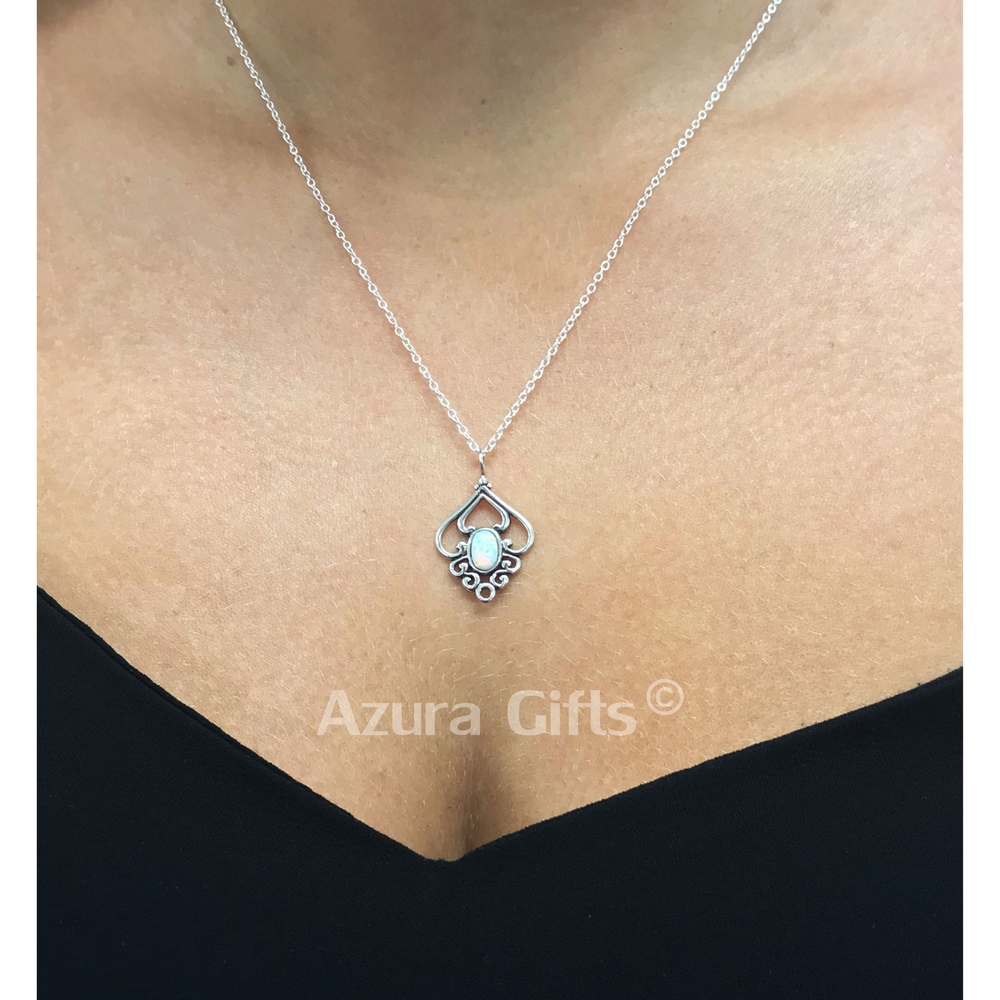 White Opal Silver Patterned Earrings & Necklace Set