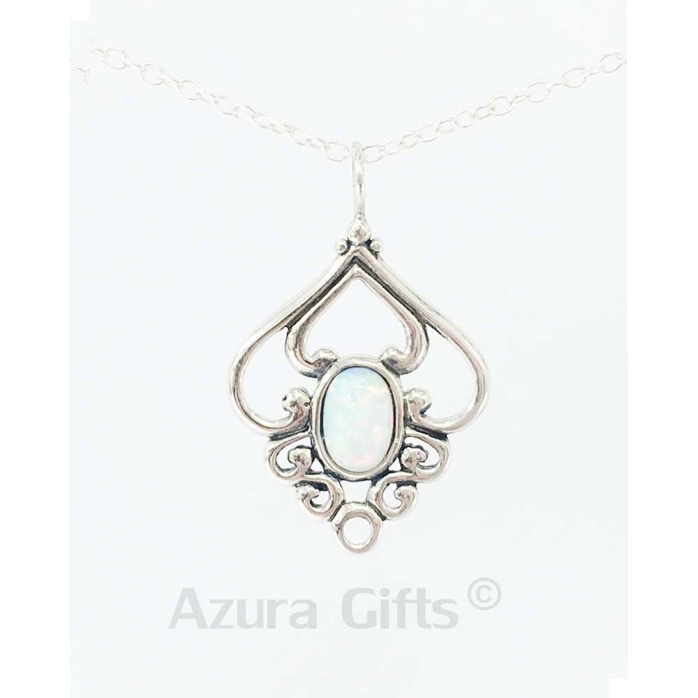White Opal Silver Patterned Earrings & Necklace Set