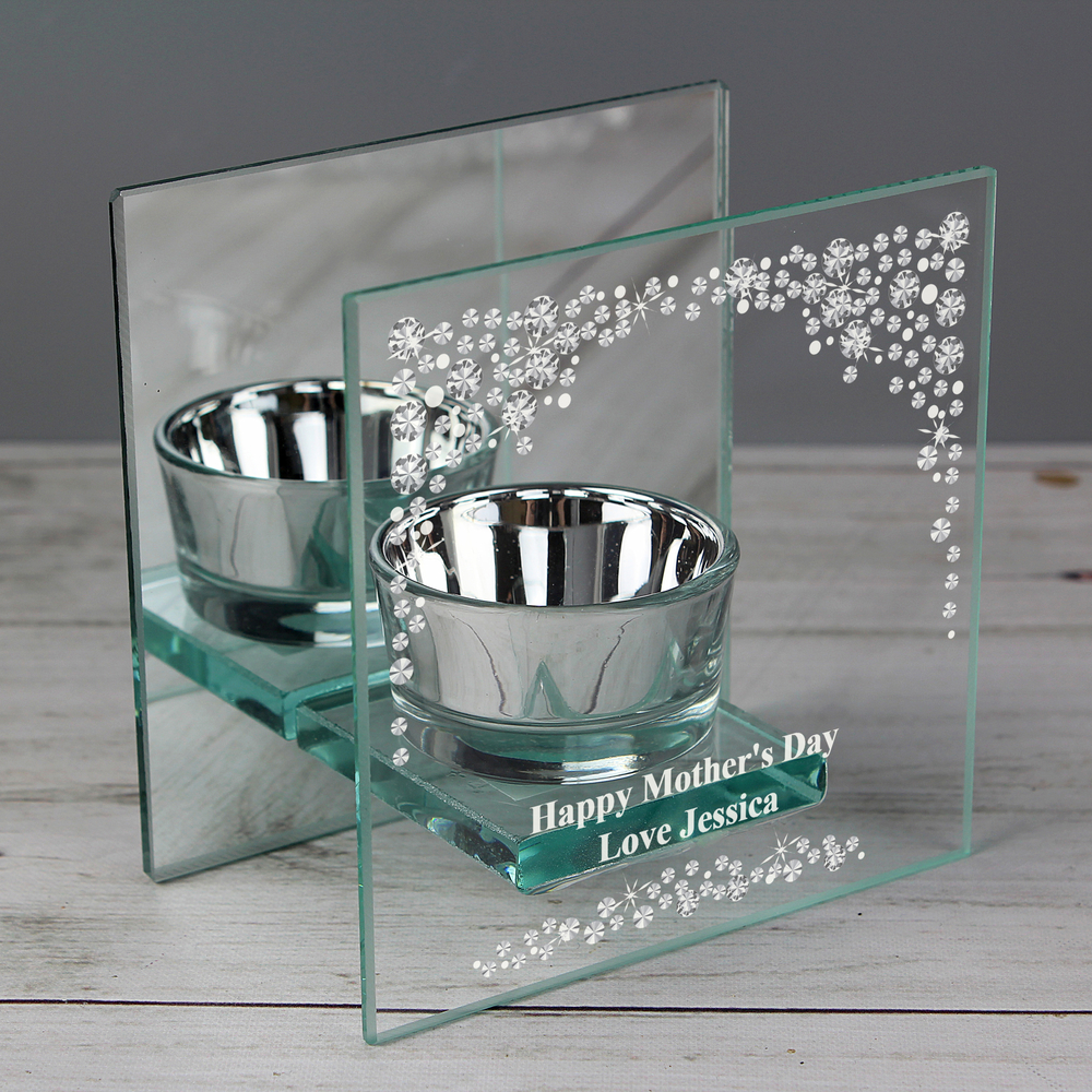 Personalised Diamante Mirrored Glass Tea Light Candle Holder