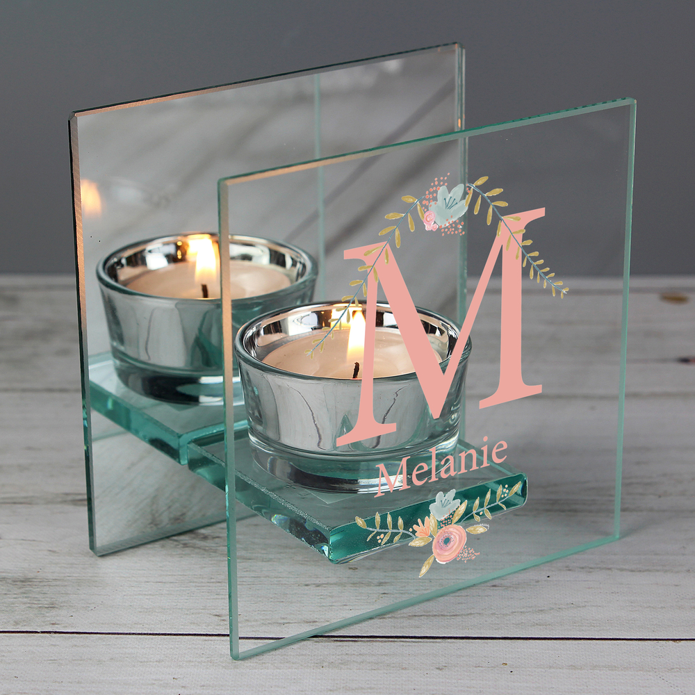 Personalised Floral Bouquet Mirrored Glass Tea Light Holder