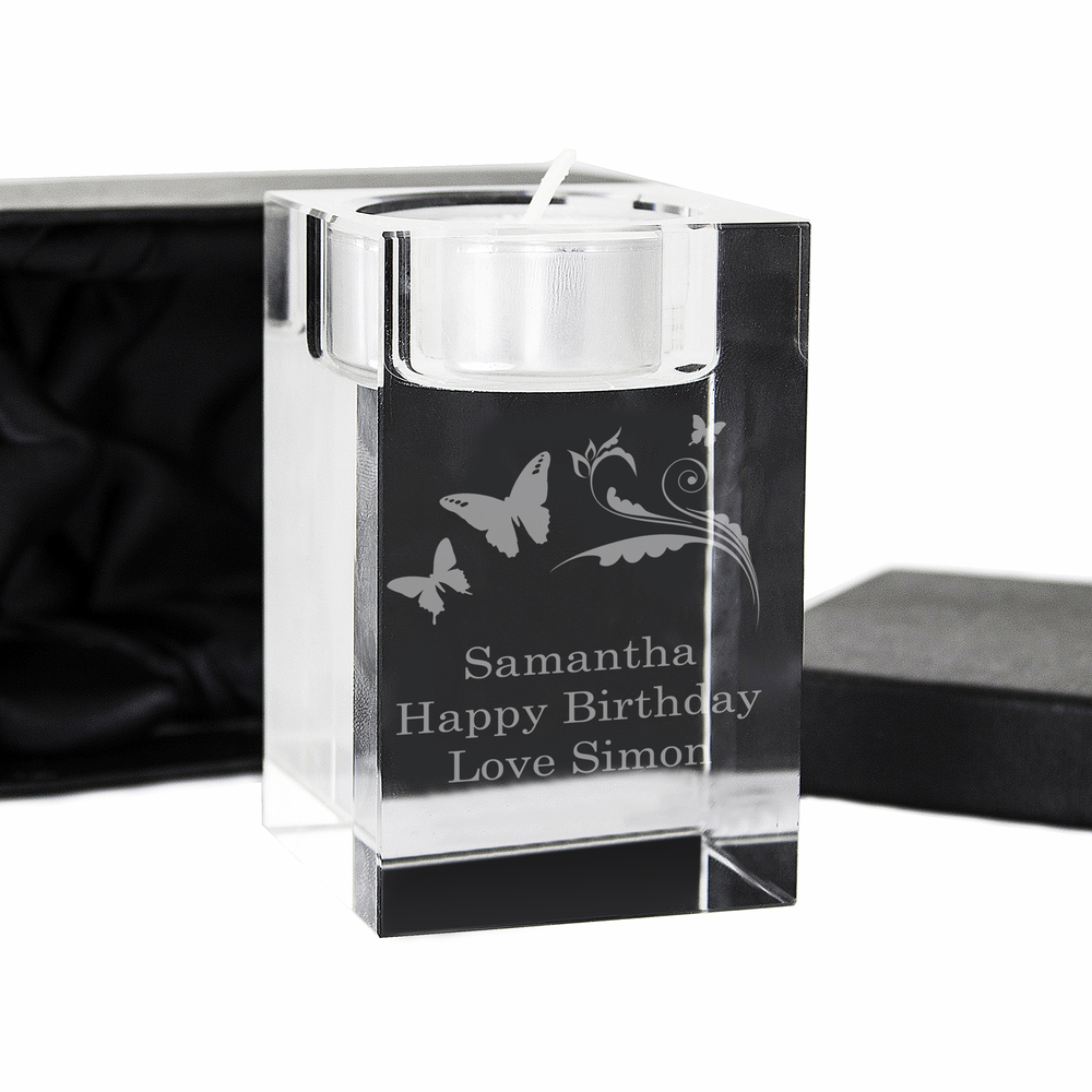 Personalised Butterfly Swirl Glass Tea Light Candle Holder