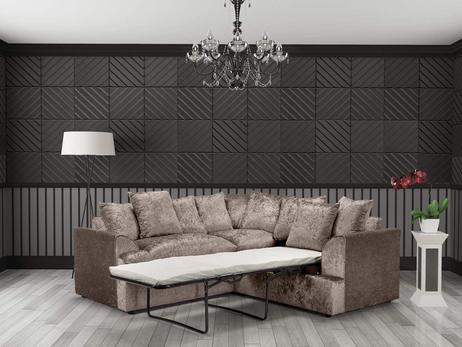 2 CORNER 2 FERGUSON SOFA BED IN MINK CRUSHED VELVET ID Sofas Midlands