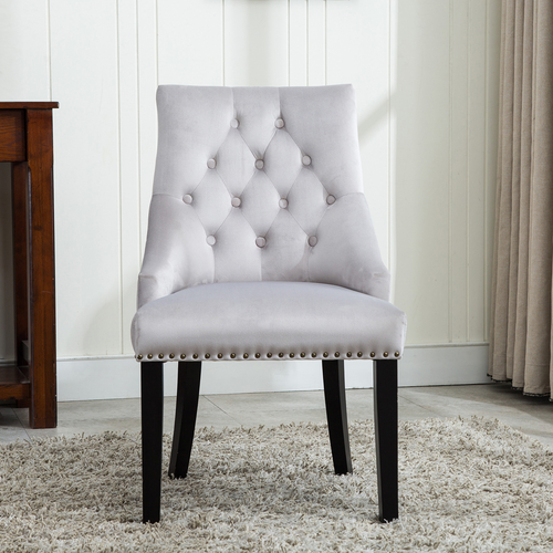 Victoria Tufted Velvet Fabric Studded Accent Dining Chair (Light Grey)