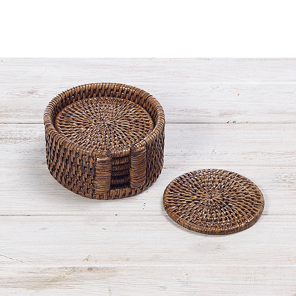 Set of 6 rattan round coasters with holder URU Home Ratten Baskets