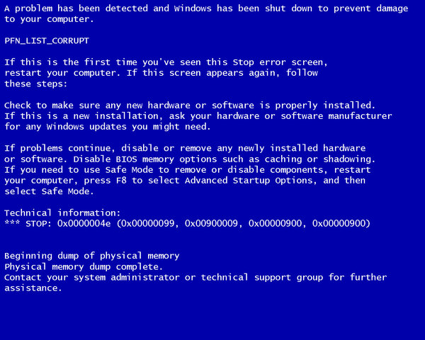 Windows blue screen of death pfn list corrupt