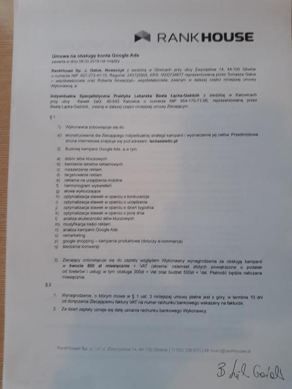 Indywidualna specjalistyczna praktyka lekarska beata %c5%81%c4%85cka ga%c5%badzik google ads umowa 2019 skan s.1