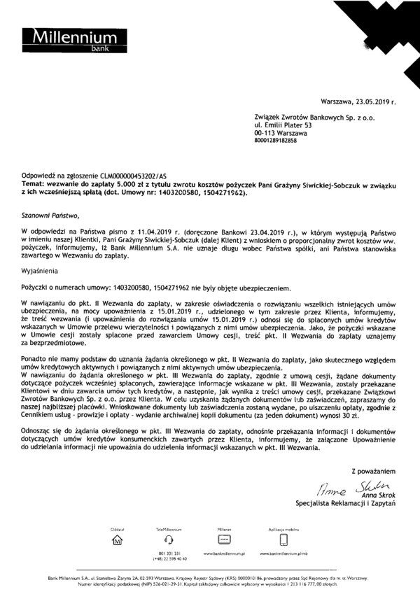 Odp.z banku millenium dot.gra%c5%bcyna siwicka sobczuk