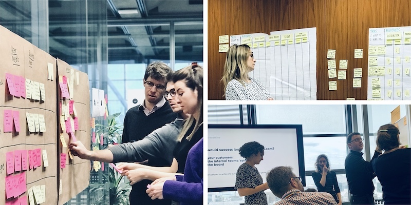 Three photos of people collaborating with sticky notes in a workshop