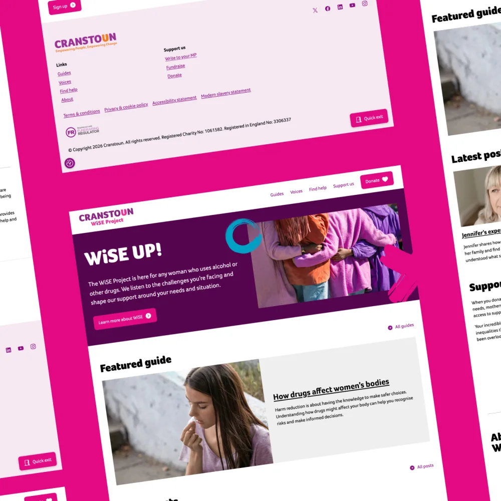 Collage of overlapping screenshots from the Cranstoun WiSE Project website on a magenta background