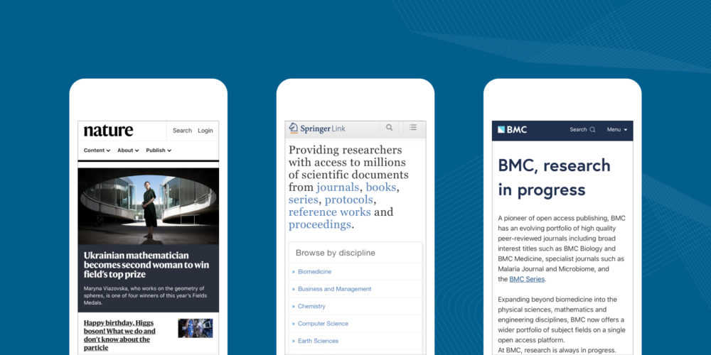 Mobile handsets showing the Nature, Springer Link and BMC websites