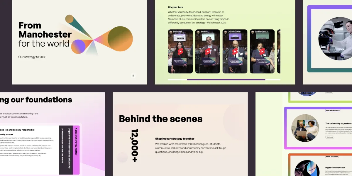 Shots from the finished 'Manchester 2035' strategy website, including a 'From Manchester for the world' hero section, a video carousel of community members, a 'Behind the scenes' section citing 12,000+ contributors, and colourful partner cards