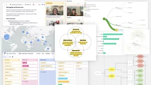 A busy collage of screenshots from various apps, showing information in various forms, including prose about messaging and proposition, content tags organised in columns, brand values in overlapping circles, and colour-coded user journey maps and decision trees.