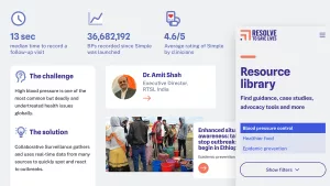 A collage of components to show the soft, light aesthetic of the website. Components include graphic bullets for showing statistics (for example), a person card with a portrait image and details of RTSL colleague Dr. Amit Shah, a news article listing with a photo, and the top of the resource library page in a narrow viewport, showing the tabs that will help people navigate that section.