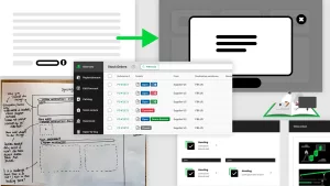 A collection of screenshots showing a variety of design stages for prototypes. These include sketches, wireframes and high resolution designs.