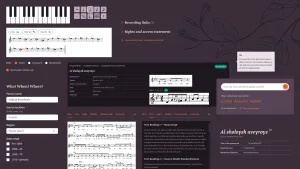 Individual website components arranged in a single frame to give an impression of the website’s modularity and its unusual but uniform colour palette.