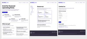 Three page designs shown side-by-side. The pages present dark text on a white background with interactive elements picked out in blue.