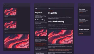 Three Figma frames showing text-based components plus an image component with a caption. The text in the example components describes its own role, for example ‘breadcrumb’,  ‘page title’, and ‘section heading’.