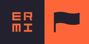 Ermi’s new logo in the square lockup, shown next to a big version of the flag icon which forms the counter space in the R letter. This version of the logo is formed by the letters E and R in the top row, and M and I in the bottom row. Each letter is square.