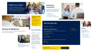 A collage of components showing a variety of colour combinations using ARU’s dark blue and bright yellow brand colours, as well as crisp white. The headings within each component stand out in ARU’s unusual brand font, Raisonne. The font features a mixture of circular shapes and long, straight lines.
