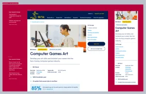 A Figma screenshot showing a course page design for a large and a small screen. Notes have been added to the side, describing possible improvements to the design. The background has a strong red colour, to draw attention to the updates in Figma.