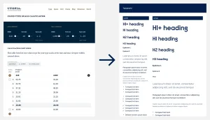 On the left, a screenshot from the Utopia website’s fluid type scale calculator. This shows a responsive typographic scale generated from six values. On the right, a Figma frame shows HTML text elements styled using the Utopian type scale. These include headings, lead text, and list styles. An arrow points from the screenshot to the Figma frame.