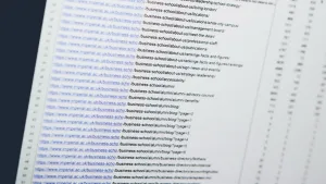 A photo of a spreadsheet listing pages from the website and showing the analytics data for each page.