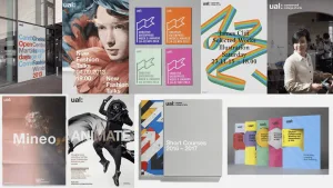 Nine examples of printed UAL materials, including posters, flyers, and books. The pieces vary in mood and style and the overall impression is artistic and colourful but somewhat sensible. The UAL logo in the top-left corner of each piece acts as a subtle hallmark, with the featured artwork taking centre stage, whether photographic, typographic, or illustrative.