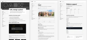 Three design system web page designs shown side by side, including the home page, the card component page, and a page called Platform support. The pages feature neat dark text on a very light grey background. Each page has a simple header, a sidebar on the left, and a content area on the right.