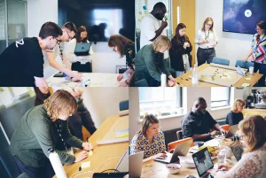 Four photos of the UAL and Clearleft teams working together in person, using a mixture of sticky notes and laptops. There are between three and five people in each photo. The people are busy writing and typing – nobody’s looking at the camera.