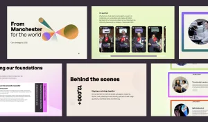 Shots from the finished 'Manchester 2035' strategy website, including a 'From Manchester for the world' hero section, a video carousel of community members, a 'Behind the scenes' section citing 12,000+ contributors, and colourful partner cards