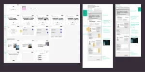 Grid of wireframe design boards for a 'Manchester 2035' strategy site, showing content slides and mobile page mockups with sticky-note annotations