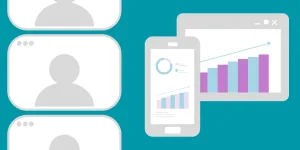 Illustration of multiple devices—a phone, tablet, and desktop—displaying charts and graphs, alongside simplified user profile icons, suggesting cross-device data or analytics.