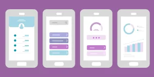 Four stylized smartphone screens showing different app interfaces, including a profile list, menu options, a progress indicator, and data visualizations, in a soft purple and blue color palette.