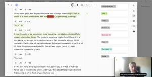 Screenshot of a qualitative research tool showing an interview transcript with highlighted excerpts and colour-coded tags (Intro, Chart, Tax Impact, Summary, etc.) in a sidebar, alongside a video thumbnail of the interviewee
