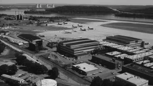 Harrisburg airport in the foreground with Three Mile Island in the background.