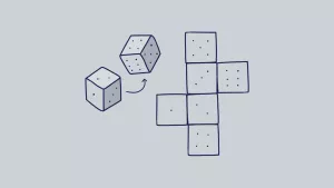 A drawing of a three-dimensional die from two different angles and a flattened-out version.