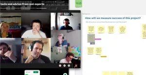 6 people during a work meeting via Zoom are visible, they're also using electronic post-it notes to make notes.