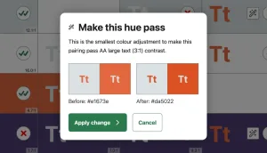 The tool's 'Make this hue pass' dialog compares orange text on a light grey background before and after a small lightness change to the grey, with 'Apply change' and 'Cancel' buttons.